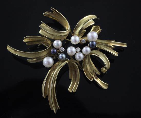 An early 1970s 18ct gold, three colour cultured pearl and diamond set foliate spray brooch, 67mm.